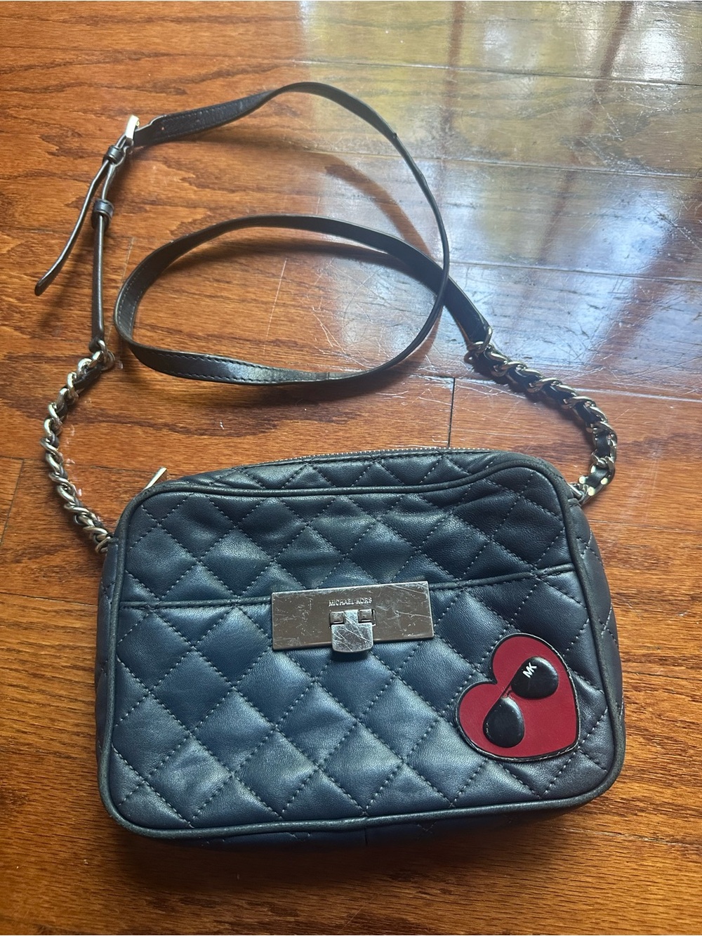Michael Kors Black Quilted Leather Crossbody with Red Heart Patch